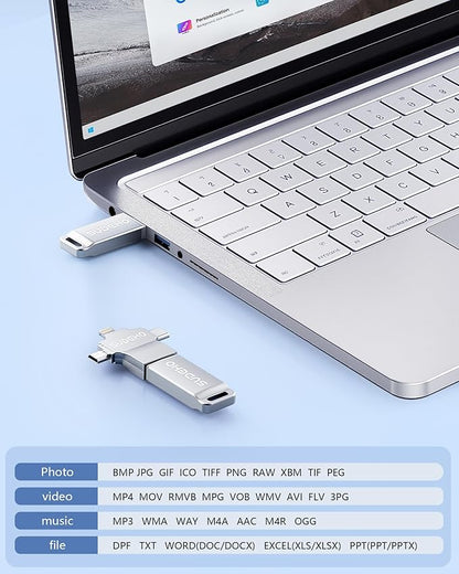 MFi Certified Photo Stick 128GB USB Flash Drive for iPhone, 4 in 1 External Memory Thumb Drive for Picture Video Saver and Backup, High Speed Memory Stick USB Drive for iPhone/iPad/Android/PC (Silver)