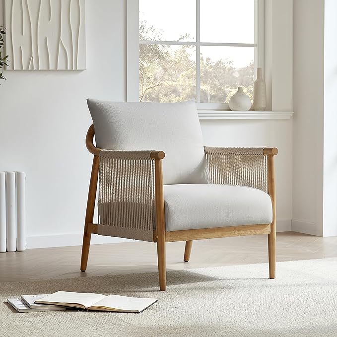 CHITA Braid Accent Chair, Modern Armchair with Solid Wooden Armrest for Living Room and Bedroom, Boho Reading Chair, Light Grey