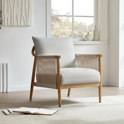 CHITA Braid Accent Chair, Modern Armchair with Solid Wooden Armrest for Living Room and Bedroom, Boho Reading Chair, Light Grey
