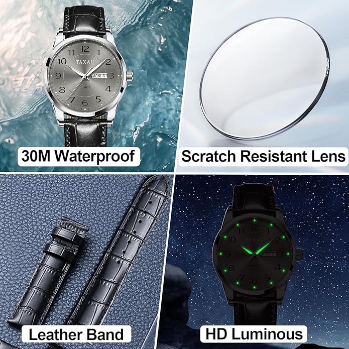 Men's Watch Big Face Easy Read Arabic Numeral Dress Watches for Men Classic Black Brown Leather Band Analog Mens Wrist Watch with Day and Date Fashion Business Waterproof Luminous Quartz Watch