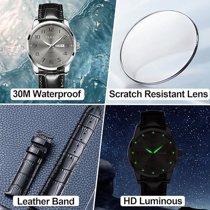 Men's Watch Big Face Easy Read Arabic Numeral Dress Watches for Men Classic Black Brown Leather Band Analog Mens Wrist Watch with Day and Date Fashion Business Waterproof Luminous Quartz Watch