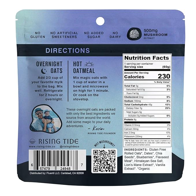Mushroom Overnight Oats (6 Pack) Superfood Lions Mane Mushroom, Chia & Flax Seed - Organic Protein Oatmeal - High Fiber, Vegan, Gluten Free, Low Sugar - Easy Prep Plant Protein - Blueberry