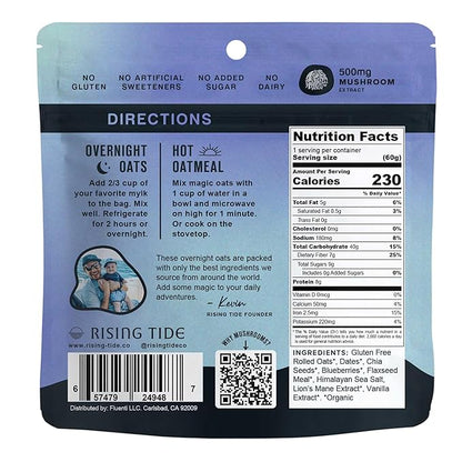 Mushroom Overnight Oats (6 Pack) Superfood Lions Mane Mushroom, Chia & Flax Seed - Organic Protein Oatmeal - High Fiber, Vegan, Gluten Free, Low Sugar - Easy Prep Plant Protein - Blueberry