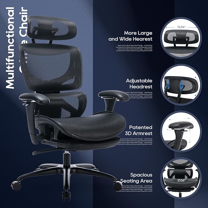 COLAMY Ergonomic Mesh Office Chair with Footrest, Executive High Back Computer Desk Chair with Wide Headrest and Adjustable 3D Arms, Fixed Tilt Lock and Lumbar Support (Black)