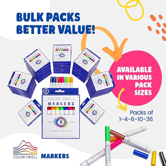 Color Swell Washable Bulk Markers 72 Packs 8 Count Vibrant Colors 288 Total Markers Bulk Perfect for Teachers, Kids and Classrooms
