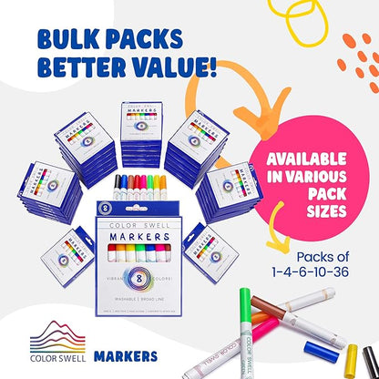 Color Swell Washable Bulk Markers 72 Packs 8 Count Vibrant Colors 288 Total Markers Bulk Perfect for Teachers, Kids and Classrooms