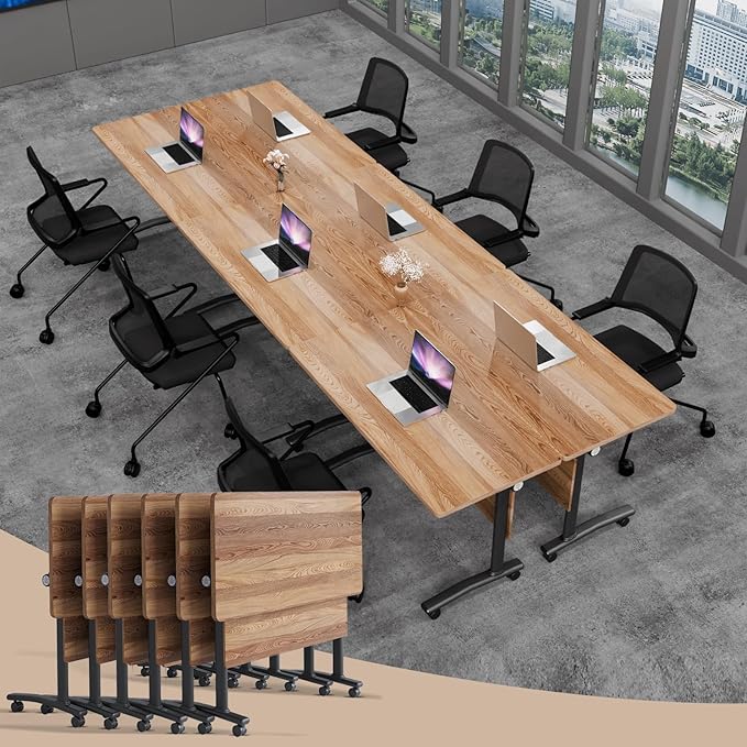 Conference Table Folding Conference Room Tables, Modern Mobile Meeting Training Table with Silent Wheels, Foldable Seminar Table for Offices, Classrooms, Libraries (6, Wood, 61in)