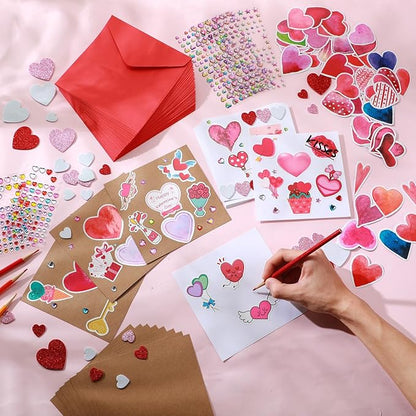 Zonon Valentine's Day DIY Card Making Kit Include Greeting Cards and Envelopes Heart Foam Stickers Diamond Stickers Valentine Party Favors Classroom Exchange Gifts(64 Pack)