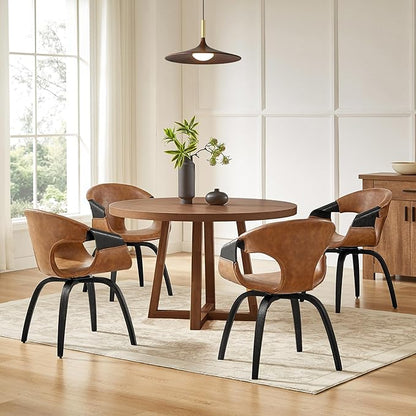 Art Leon Desk Chair No Wheels, Mid Century Modern Office Chair, Faux Leather Upholstered Swive Chair with Wood Legs for Living Room Bedroom, Walnut Bentwood, Brown/Walnut