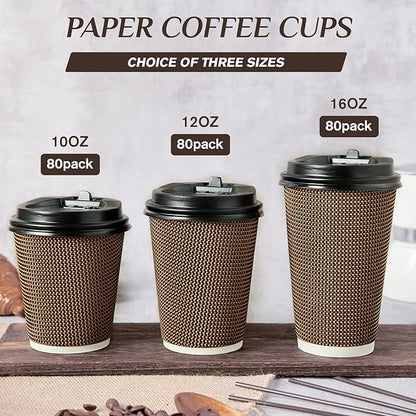 LITOPAK 80 Pack 10 oz Paper Coffee Cups, Insulated Ripple Wall Hot Coffee Cups with Lid and Straws, Brown Three Layer Insulated Hot Beverage Cups for Parties, Picnic, and Travel