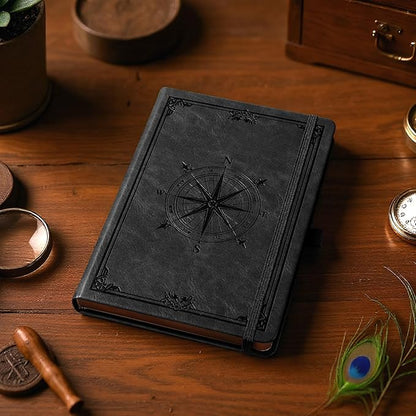 AHGXG Thick Journal Blank Notebook for Men - 320 Numbered Pages A5 Notebook for Writing, 100gsm Plain Paper, Vintage Leather Hardcover, for Women Work Office School, 5.75'' X 8.38''- Black