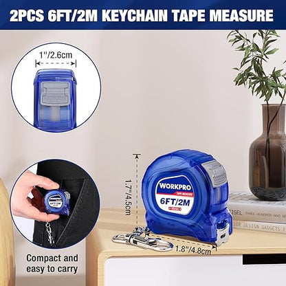 WORKPRO Mini Tape Measure, 2 Pcs 6FT Retractable Easy Reading Keychain Tape Measurement, Inch/Metric Scale Pocket Size Small Tape Measure for Engineer, Portable, ABS Protective Casing, Blue