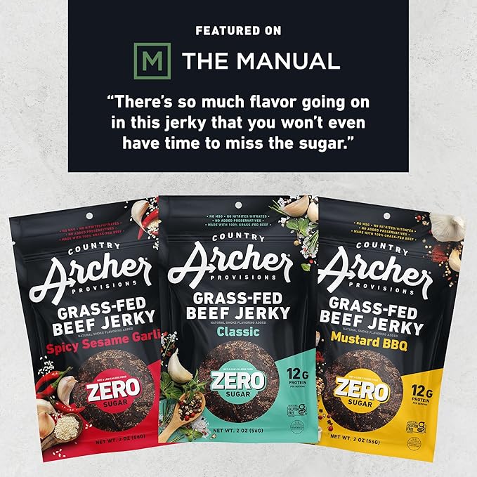 Country Archer Grass-Fed Beef Jerky Variety Pack - Beef Jerky Snack Packs, Beef Jerky Assortment, Jerky Sampler with Classic, Mustard BBQ and Spicy Sesame Garlic - 2 oz (Pack of 6)