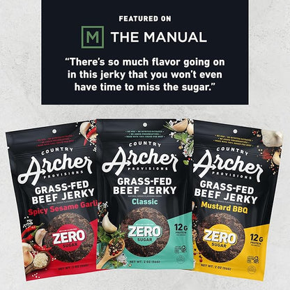 Country Archer Grass-Fed Beef Jerky Variety Pack - Beef Jerky Snack Packs, Beef Jerky Assortment, Jerky Sampler with Classic, Mustard BBQ and Spicy Sesame Garlic - 2 oz (Pack of 6)