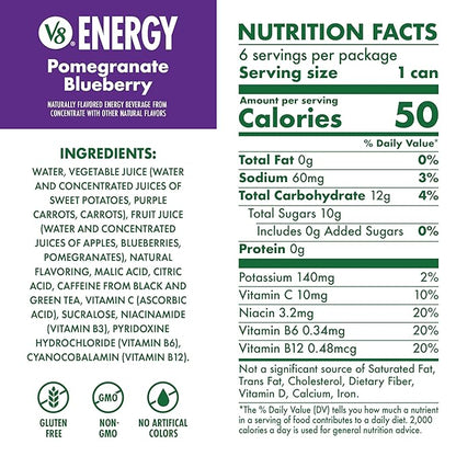 V8 +Energy Pomegranate Blueberry Juice Energy Drink, 8 fl oz Can (6 Pack)