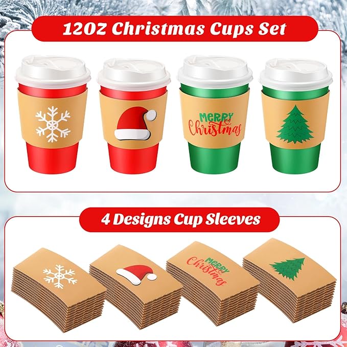 48 12 oz Christmas Cups with Lids and Coffee Cup Sleeves Bulk Red Green Disposable Christmas Paper Coffee Cups for Beverage Chocolate Tea Cocoa Xmas Holiday Table Decorations Party Favors