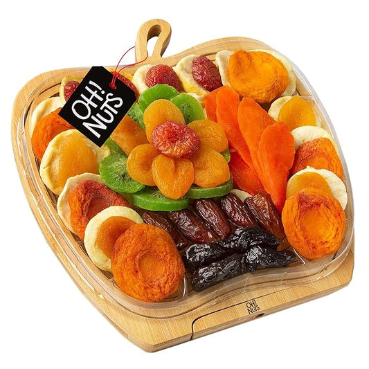 Oh! Nuts Dried Fruit Gift Basket - Gourmet Gift Baskets - Holiday Healthy Assortment Dried Fruits Gift Box - Crafted in the USA - Wooden Apple Shape Gift Tray - (Sunset Orange)