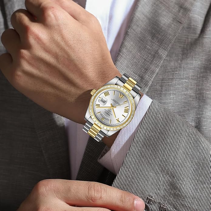 NIBOSI Men's Watches Analog Quartz Diamond Bezel Stainless Steel Dial Rose Gold Silver Watches for Men Waterproof Business Classic Dress Wrist Watch with Day Date