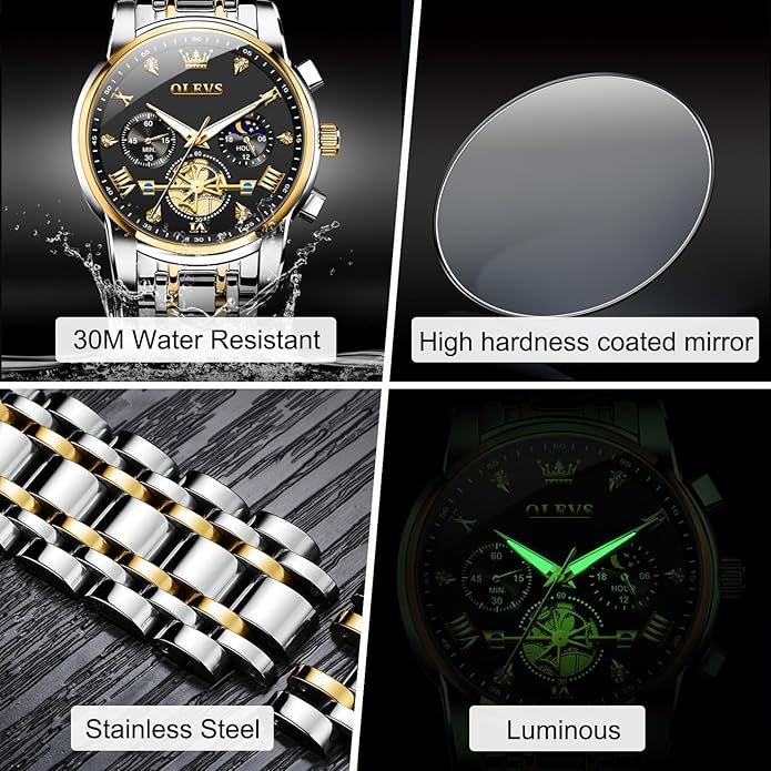 OLEVS Men Watches Stainless Steel Chronograph Watch, Large Wrist Analog Quartz Watch, Fashion Waterproof Diamond Roman Numerals Dress Watches for Men, Gold/Black/White/Blue/Grey Dial