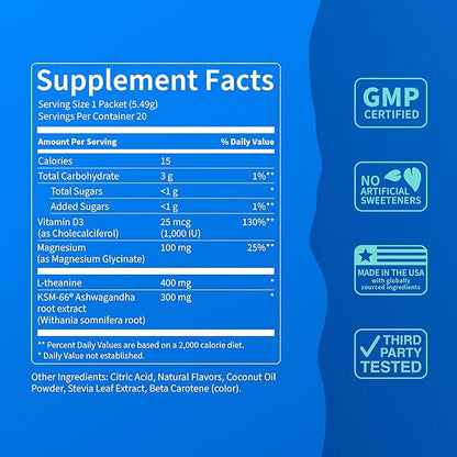 Nello Supercalm Powdered Drink Mix, Cortisol Reducer* and Sleep Aid Supplement, L Theanine, Ksm-66 Ashwagandha, Magnesium Glycinate, Vitamin D 3, No Sugar, Non GMO, On The Go, 20 Ct, Passion Colada