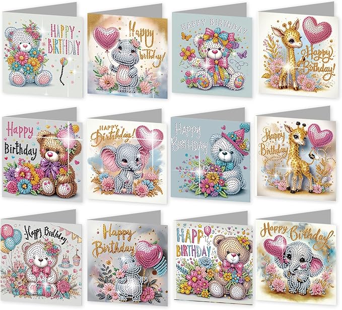 jinglinhh 12pcs Diamond Art Painting Birthday Bear Elephant Giraffe Flower Balloon Greeting Cards with Envelopes, DIY Card Making Kits for Adults, Diamond Art Postcards Christmas Cards Craft Gifts