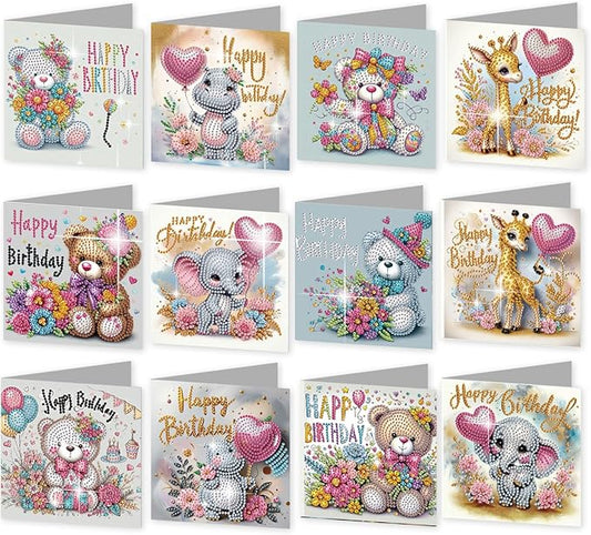 jinglinhh 12pcs Diamond Art Painting Birthday Bear Elephant Giraffe Flower Balloon Greeting Cards with Envelopes, DIY Card Making Kits for Adults, Diamond Art Postcards Christmas Cards Craft Gifts