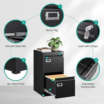 SISESOL 2 Drawer File Cabinet with Lock and Tag,Narrow Two Drawer Filing Cabinet,Vertical Metal File Cabinets,Small Filing Cabinets for Home Office Fit Letter/A4/Legal Size File,Easy Assembly