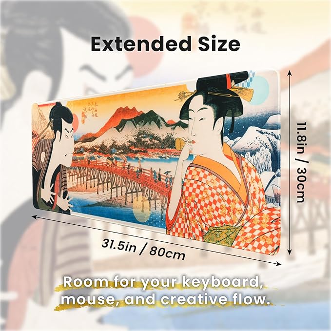 BELLEMOND Japanese Art Desk Mat | Large 31.5x11.8in Desk Pad | Mouse Pad for Keyboard & Mouse | Non-Slip Base, Water-Repellent, Smooth Precision | Edo Lovers