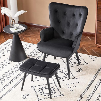 Furniliving Velvet Accent Chair with Ottoman, Upholstered Reading Chair with High Backrest, Tufted-Button Wingback Armchair for Bedroom, Dressing Room, Home Office, Black