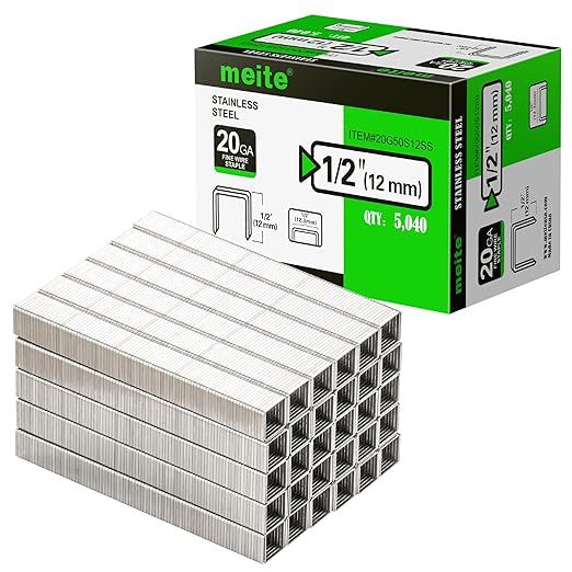 meite 20 Gauge 304 Stainless Steel Upholstery Staples, 1/2-Inch Crown with 1/2-Inch Leg Length, Heavy Duty Staples for Construction, Furniture, Crafts & DIY Projects (10 Boxes)