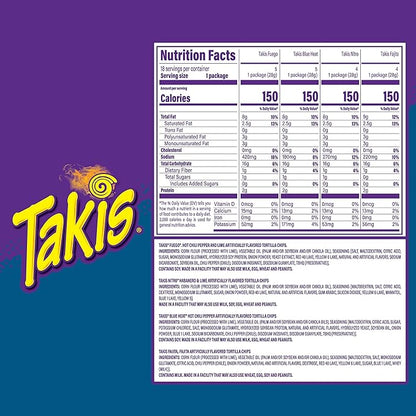 Takis 18 pc / 1 oz Variety Pack, Assorted Flavored Mixed Rolled Tortilla Chips – (5) Fuego, (5) Blue Heat, (4) Nitro, (4) Crunchy Fajitas