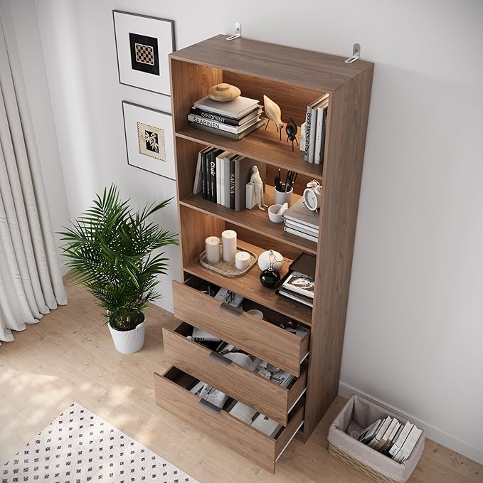 78.7" Walnut Display Cabinet with 3 Drawers, 3 -Tier Storage Cabinet with LED Lights, Tall Bookcasse Storage Cabinet, LED Display Case for Collectible, Living Room, Office, Kitchen