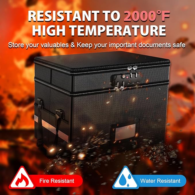 RHM Fireproof Document Box with Lock, 2 Layer Fire Proof File Box for Documents with Handle, Portable Home Office Fire Safe Document Box for Hanging Letter/Legal Folder/Certificate