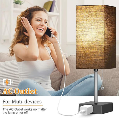 Table Lamp for Bedroom set of 2,3-Color Bedside Lamps with Pull Chain Table Lamps for Nightstand with AC Outlets, Night Light Lamps with 2 Bulbs Lamps for Living Room Kids Office Decor（Black）