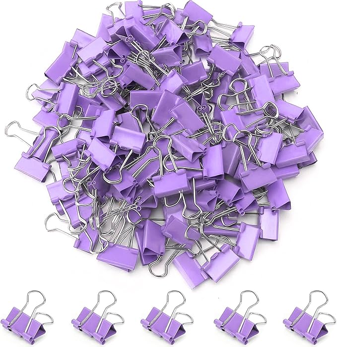 100 Pack Mini Purple Binder Clips 5/8 Inch (15 mm), Colored Little Paper Clamps, Small Tiny Micro Size Paper Clips for Office Home School Business 0.6"