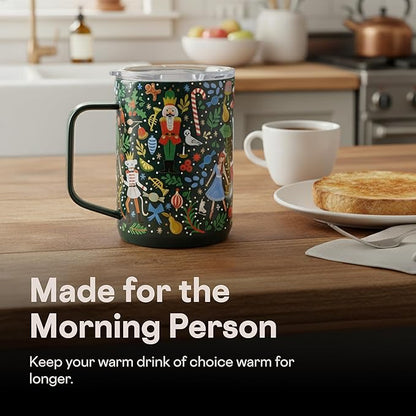 Corkcicle x Rifle Paper Co. Triple Insulated Coffee Mug with Lid & Handle - Keeps Beverages Hot for 3+ Hours - Gift for Mom - Great for Mother's Day or Christmas - 16 oz - Nutcracker Green