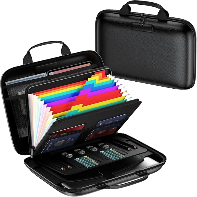Fireproof Document Box, Hard Case Fireproof File Organizer with Lock and 13 Pocket Accordion File Folder, Portable Safe Box for Home Office Travel to Storage Important Documents Laptop Black