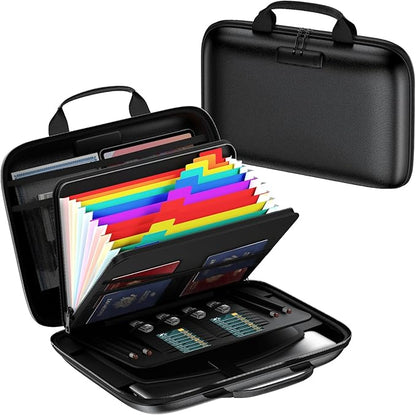 Fireproof Document Box, Hard Case Fireproof File Organizer with Lock and 13 Pocket Accordion File Folder, Portable Safe Box for Home Office Travel to Storage Important Documents Laptop Black