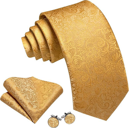 Barry.Wang Tie Sets for Men Silk Solid Necktie Stain Ties Handkerchief Pocket Square Cufflinks Wedding Business Dyed