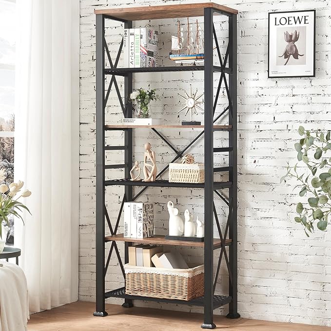 HOMBAZAAR 6 Tier Bookshelf,74 Inch Tall Industrial Bookshelf with Metal Frame and Open Shelves,Rustic Heavy Duty Book Shelf, Metal Bookshelves and Bookcases for Office,Living Room and Library,Brown