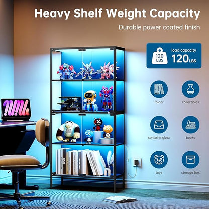 65" Glass Display Cabinet with 3-Color LED Light, Tempered Glass Display Case with 4-Tier Shelves, Metal Frame Curio Storage Cabinet for Collectibles, Figures, Awards, Book, Toy, Black