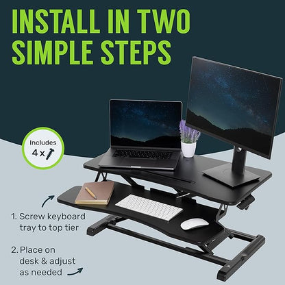 TechOrbits Standing Desk Converter-32-inch Height Adjustable, MDF Wood, Sit Riser-Black, 32"