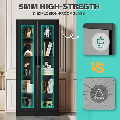 SISESOL Metal Storage Cabinet with Lock and Glass Doors,Glass Display Cabinet,67" Tall Black Storage Cabinets,Locking Curio Cabinets with 5 Shelves for Collectibles,Home,Office,Living Room