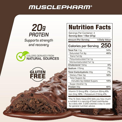 MusclePharm Combat Ready Chocolate Cake Protein Bars, High Protein Bars, Combat Cravings, Fuel Performance & Meet Energy Demands, 20g Protein from Whey Protein, 5g Fiber, Gluten Free, 4 Bars