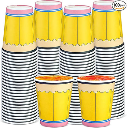 Funtery 100 Pieces Pencil Paper Cups Back to School Disposable Coffee Cups 9 Ounce Drinking Tea Paper Cups Pencil Cups for Daily Use Back to School Party