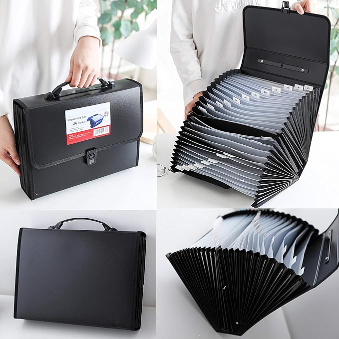 FANWU 26 Pockets Expanding File Accordion Folder with Handle - Letter A4 Paper Size - Expandable Large Plastic File Folder Wallet Monthly Portable Document Organizer with Flap & Buckle (Blue)