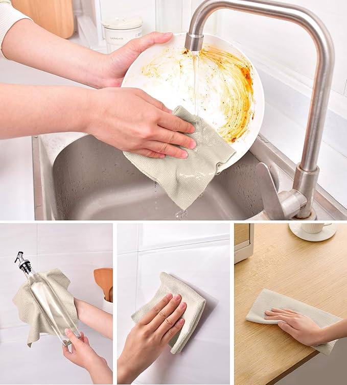 KitchLife Microfiber Cleaning Cloth Roll, 100 Pack - Tear-Away Microfiber Paper Towels, Lint-Free, Reusable, Washable for Kitchen, Car, Dishes, and Sensitive Surfaces (Sand Beige)