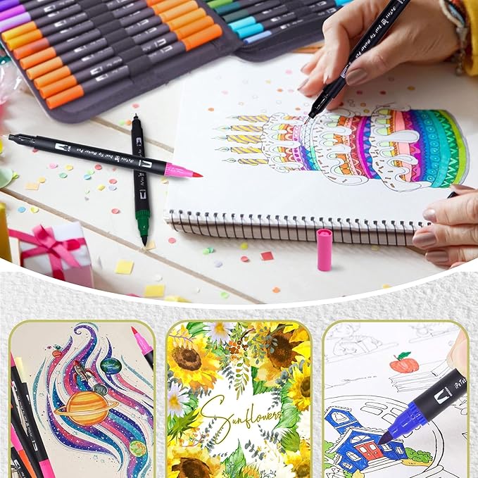 Double Tip Brush Pens Art Markers (72 Colors), Fine Tip Acrylic Coloring Markers for Painting, Highlighting, Card Making, Gifts for Kids Adult, Craft Kit for Office School Supplies