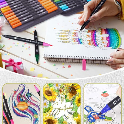 Double Tip Brush Pens Art Markers (72 Colors), Fine Tip Acrylic Coloring Markers for Painting, Highlighting, Card Making, Gifts for Kids Adult, Craft Kit for Office School Supplies