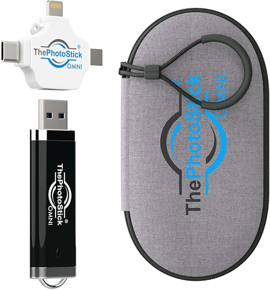 ThePhotoStick® Omni 128GB + Protective Case | Secure Photo & Video Backup and Transfer | Digital File Organization | USB & Multiport Connection for Phones, Tablets and Computers | Water Resistant Case